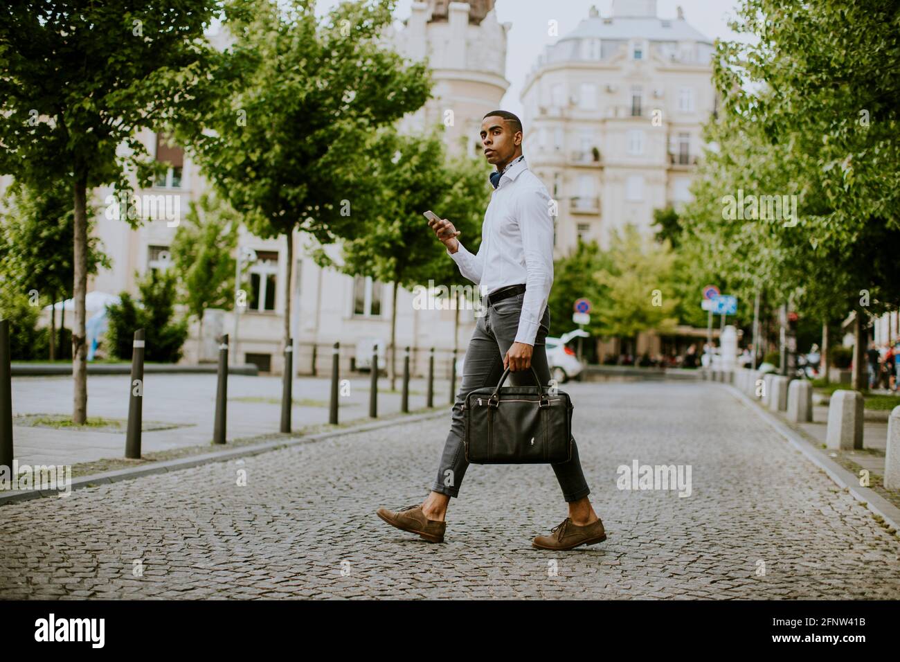 Hübscher junger afroamerikanischer Geschäftsmann, der ein Mobiltelefon verwendet Eine Straße Stockfoto