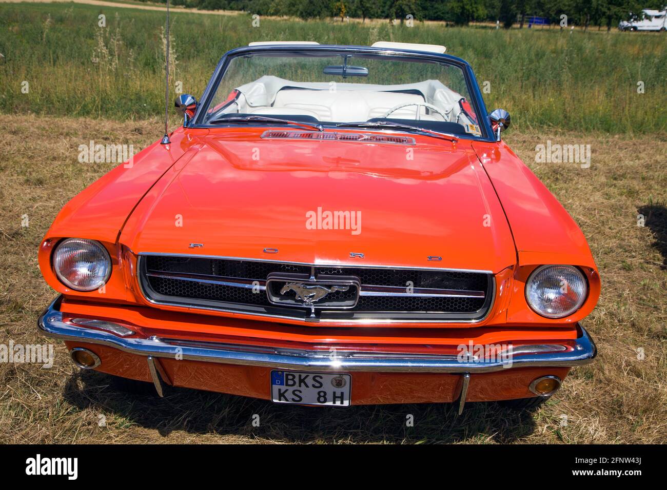 Red Ford Mustang Cabriolet, Oldtimer Treffen im Dorf Veldenz, einem ehemaligen Earthom, Mosel, Rheinland-Pfalz, Deutschland, Europa Stockfoto