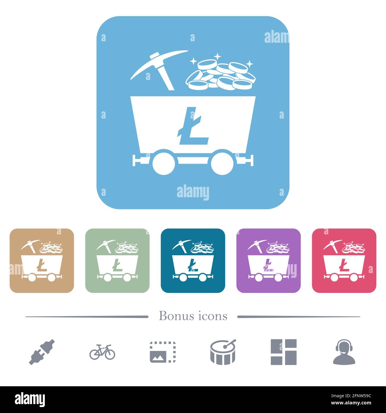 Litecoin Kryptowährung Bergbau mit Schatz weißen flachen Symbolen auf farbigen abgerundeten quadratischen Hintergründen. 6 Bonus-Symbole enthalten Stock Vektor