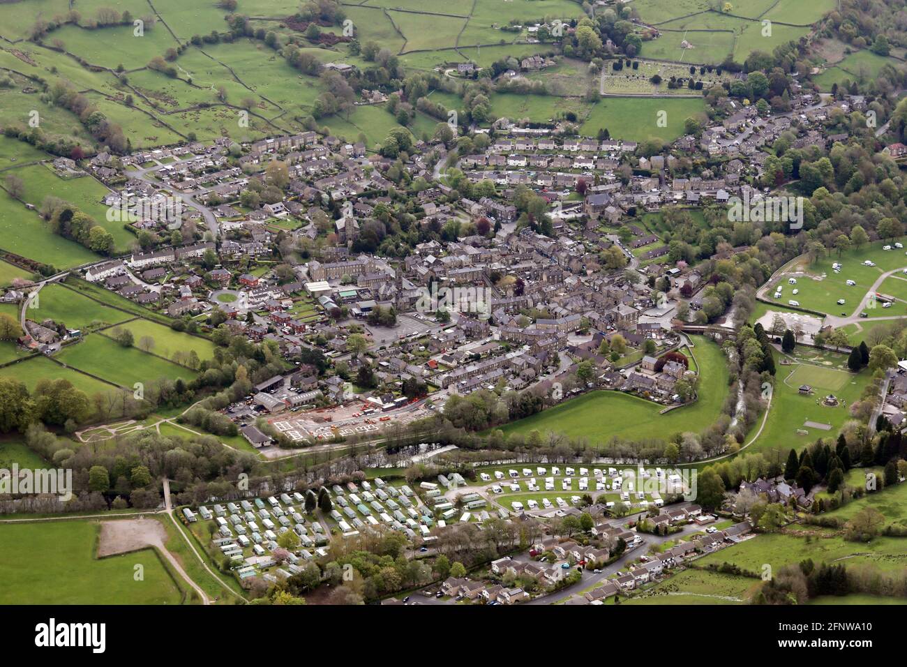 Luftaufnahme der Marktstadt Pateley Bridge in den Yorkshire Dales, North Yorkshire Stockfoto