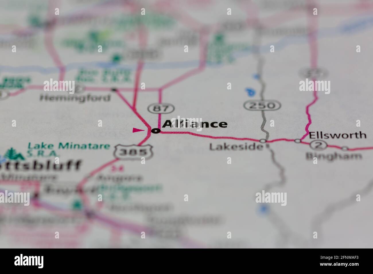 Die Alliance Nebraska USA wird auf einer geografischen Karte oder Straße angezeigt Karte Stockfoto