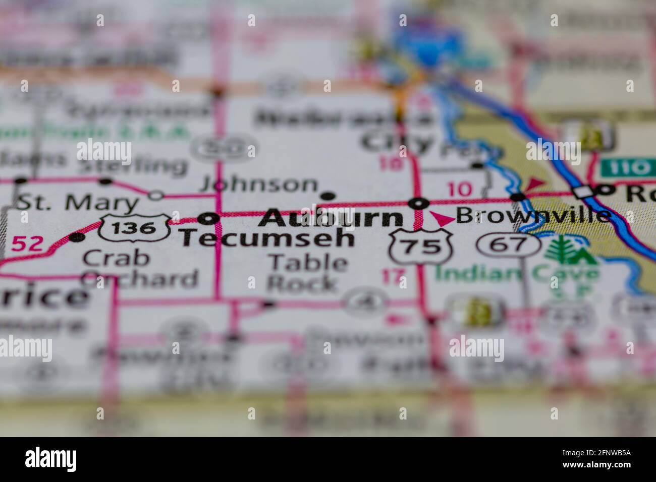 Auburn Nebraska USA auf einer geografischen Karte oder Straße angezeigt Karte Stockfoto