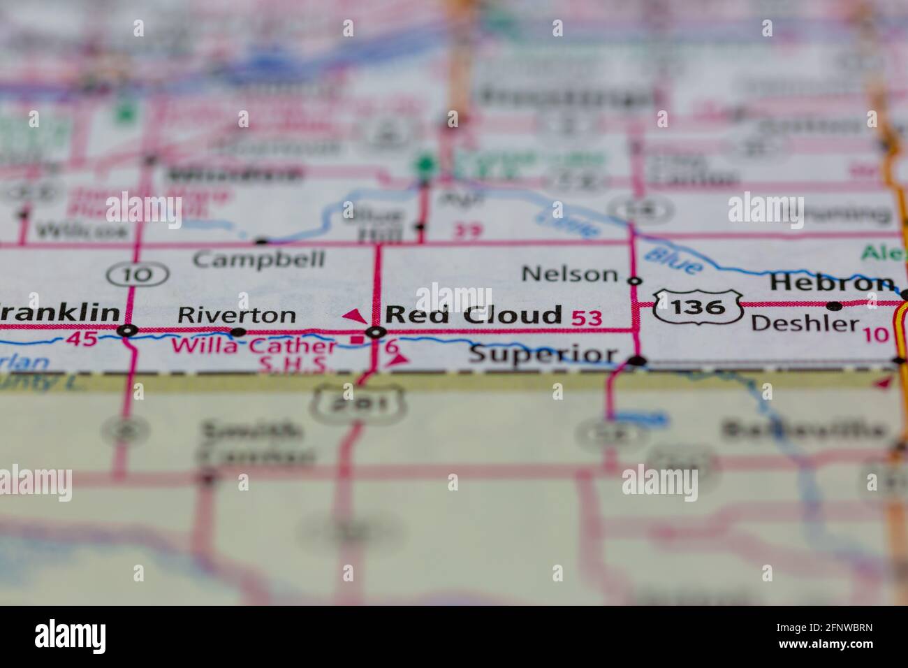 Red Cloud Nebraska USA auf einer Geographie-Karte oder angezeigt Straßenkarte Stockfoto