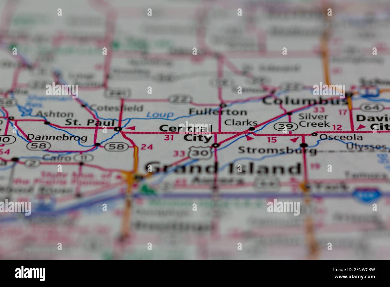 Central City Nebraska USA auf einer Geographie-Karte oder angezeigt Straßenkarte Stockfoto