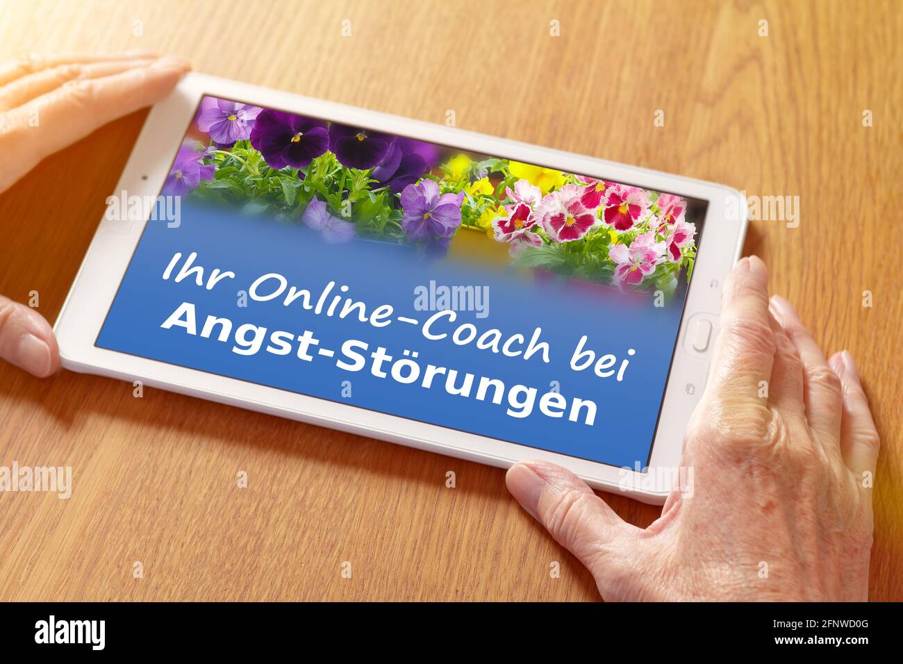 Telemotherapie-Konzept: Hände mit einer Beratungs-App auf einem Tablet-pc, Übersetzung des deutschen Textes: Online-Coaching bei Angststörungen. Stockfoto