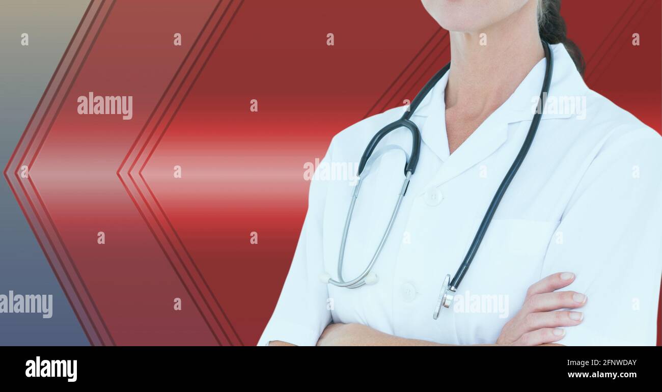 Zusammensetzung der Mittelsektion der Ärztin im Laborkittel und Stethoskop mit Kopierbereich Stockfoto