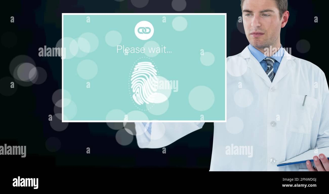 Zusammensetzung des männlichen Arztes mit Interface-id-Bildschirm zur Überprüfung des Fingerabdrucks Stockfoto
