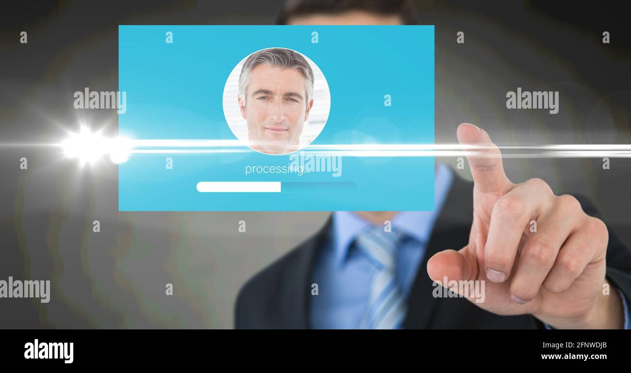 Komposition von Geschäftsmann berühren interaktiven Bildschirm mit Foto-Verarbeitung Stockfoto