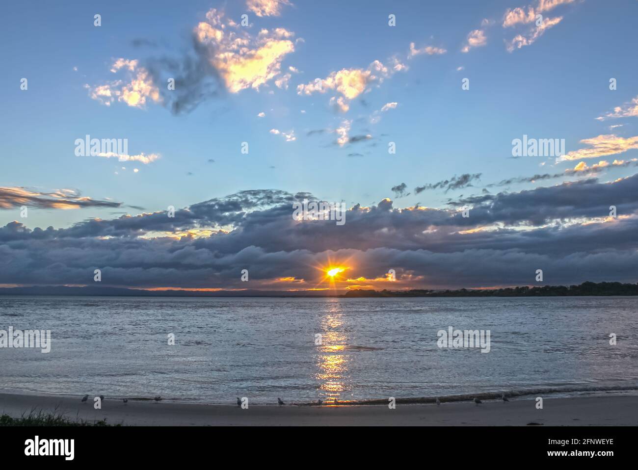 Vogel am Ufer, der den Sonnenuntergang über dem beobachtet Wasser und spähe aus zwischen dunklen Wolken in der Nähe des Horizonts Mit Licht, das auf Wolken höher scheint Stockfoto