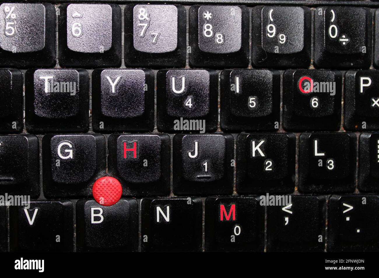 HMO-Buchstaben in Rot auf einer Tastatur, HMO-Hypothekenservice-Konzept Stockfoto