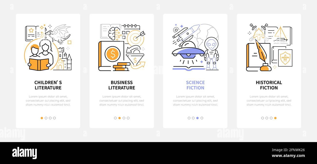 Literarische Genres – Webbanner im Liniendesign-Stil mit Platz für Text. Kinderbücher, Wirtschaftsliteratur, Science and Historical Fiction Caro Stock Vektor