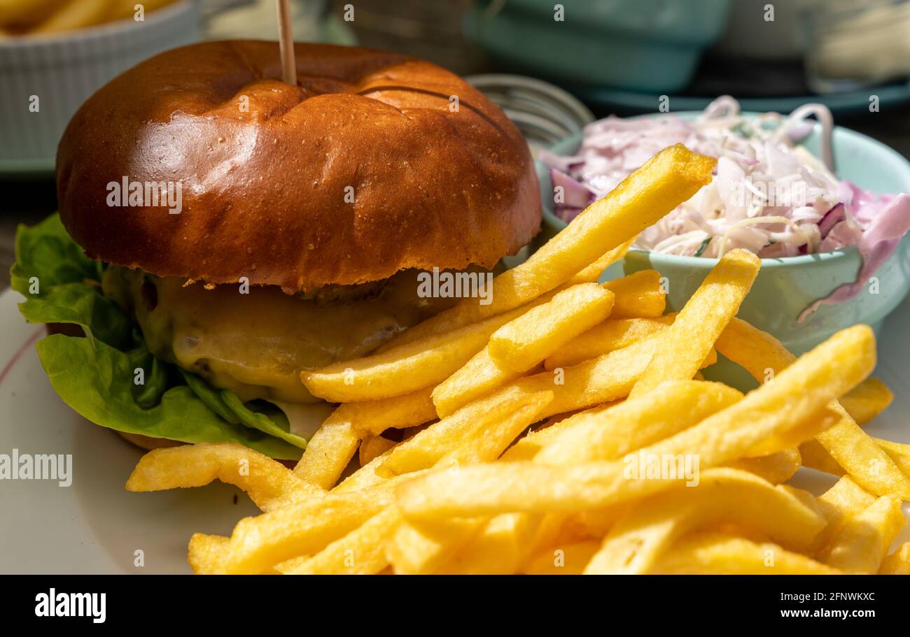 Ein selektiver Blick auf einen köstlich hausgemachten Cheeseburger mit Pommes Frites und cole Slaw Stockfoto