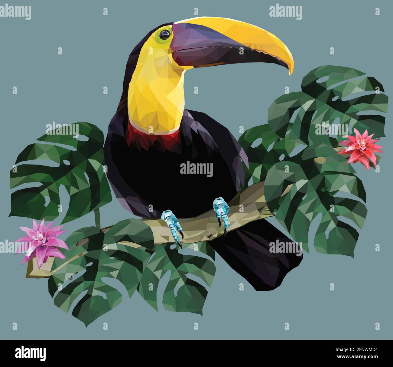 Polygonale Illustration Tukan-Vogel und Amazonas-Waldpflanzen. Stock Vektor