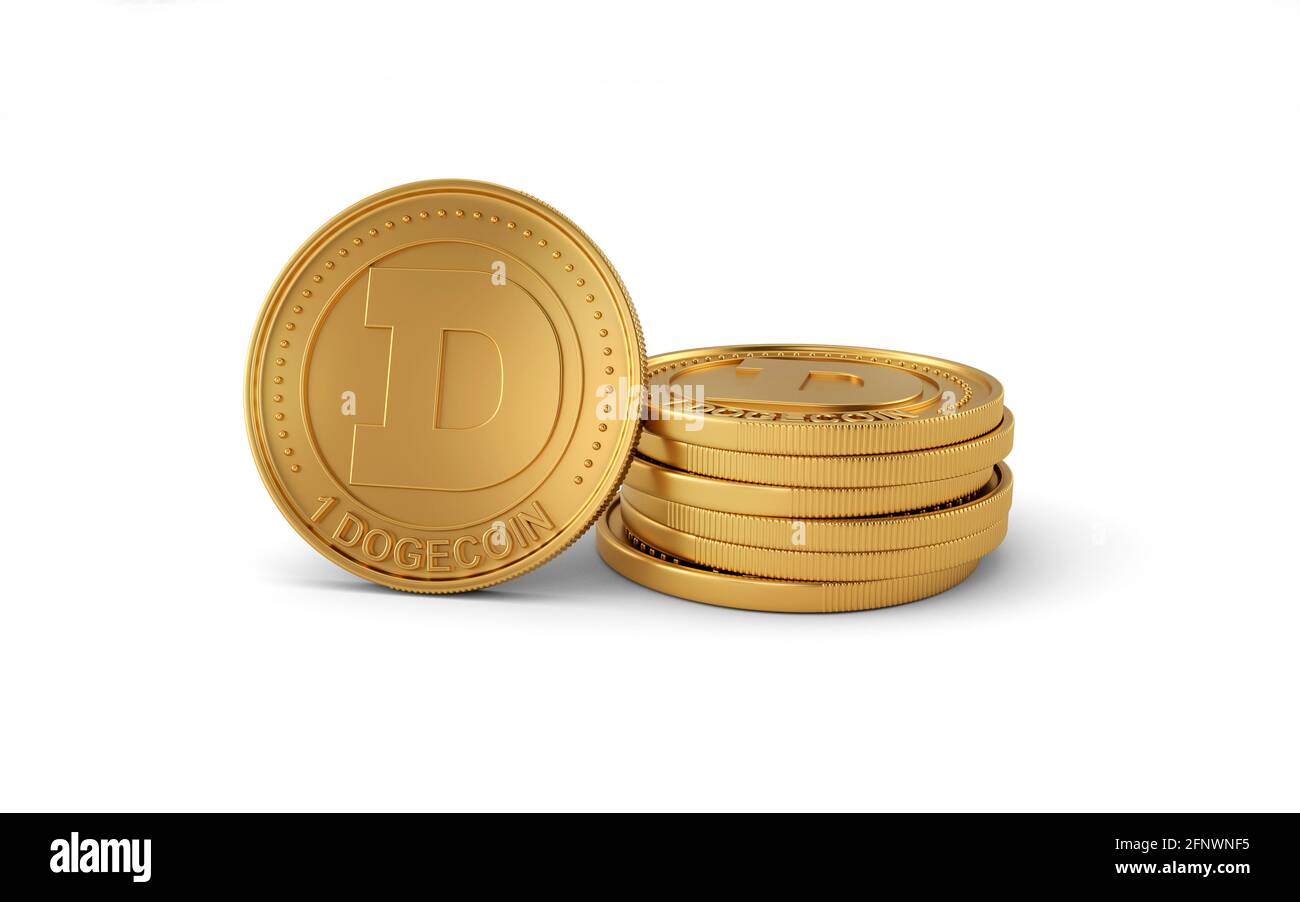 Stapel von goldenen Dogecoins isoliert auf weißem Hintergrund. Kryptowährungsgeschäft. Blockchain, digitaler Geldwechsel. 3d-Rendering. Stockfoto
