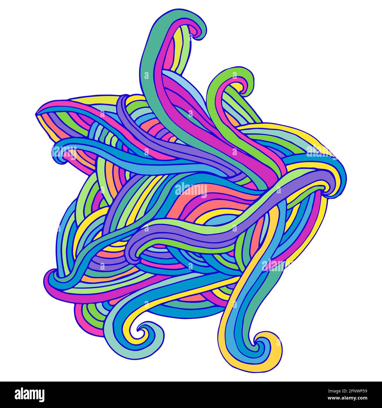 Welliges psychedelisches, einfaches abstraktes Element, isoliert auf Weiß. Lockige, helle Tabby-Linien Formen für Design. Cartoon Doodle Stil Wellen. Vektor von Hand gezeichnet Stock Vektor