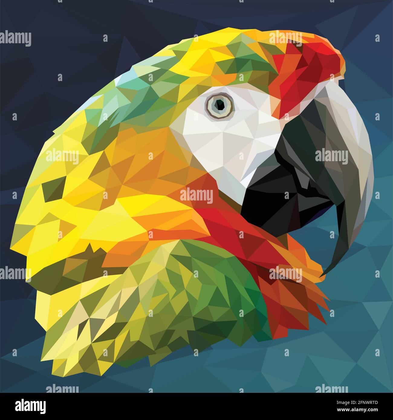 Polygonal Illustration Kopf des Ara-Vogels mit dunkelblauem Hintergrund. Stock Vektor