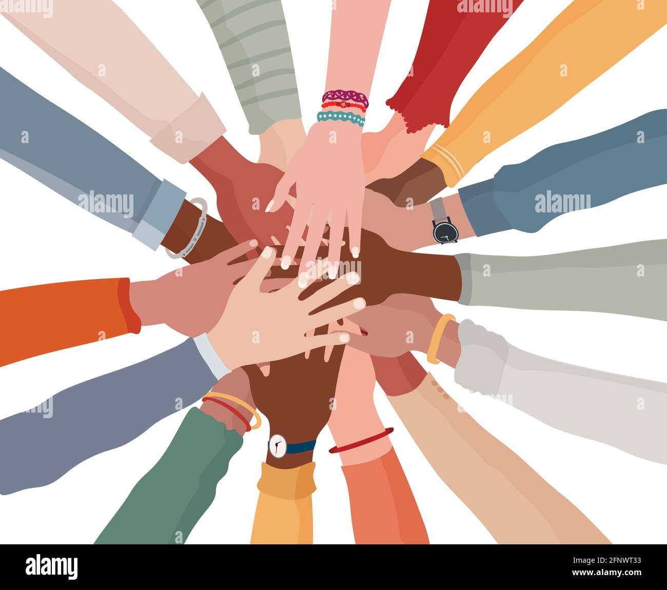 Gruppe Hände übereinander von verschiedenen multi-ethnischen Und multikulturelle Menschen.Vielfalt Menschen.vielfältige Kultur.Rassengleichheit.Konzept der Teamarbeit Stock Vektor