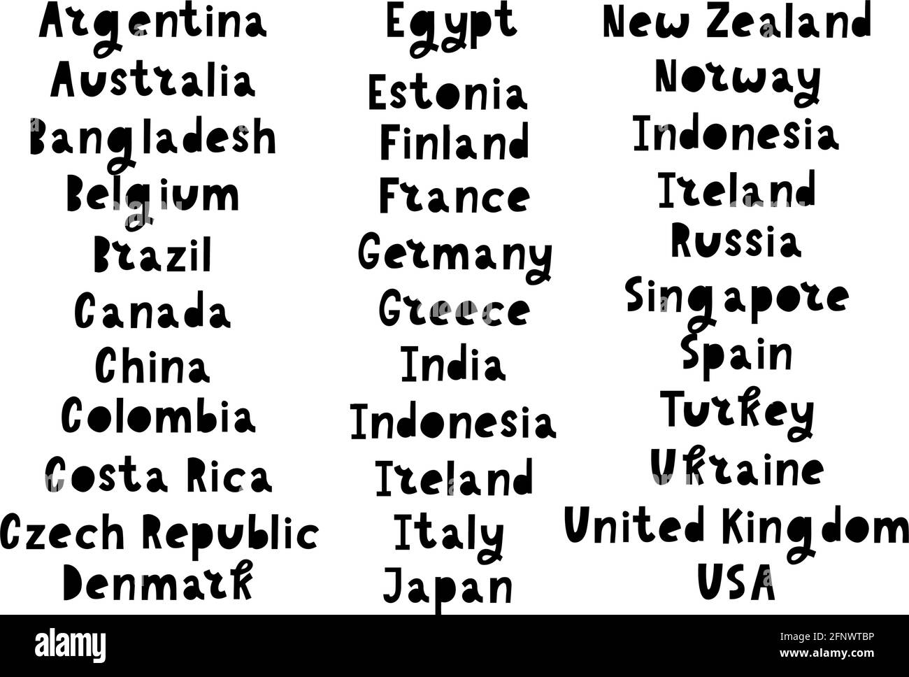 Die Namen der Länder der Welt. Europäische Länder. Handbeschriftetem Text. Stock Vektor
