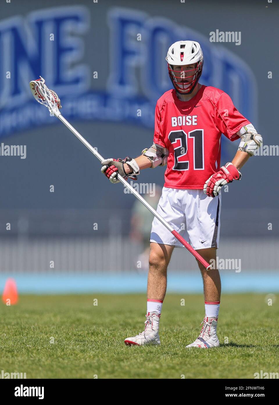 High School Lacrosse Action mit Boise vs Coeur d'Alene High School in Coeur d'Alene, Idaho. Stockfoto