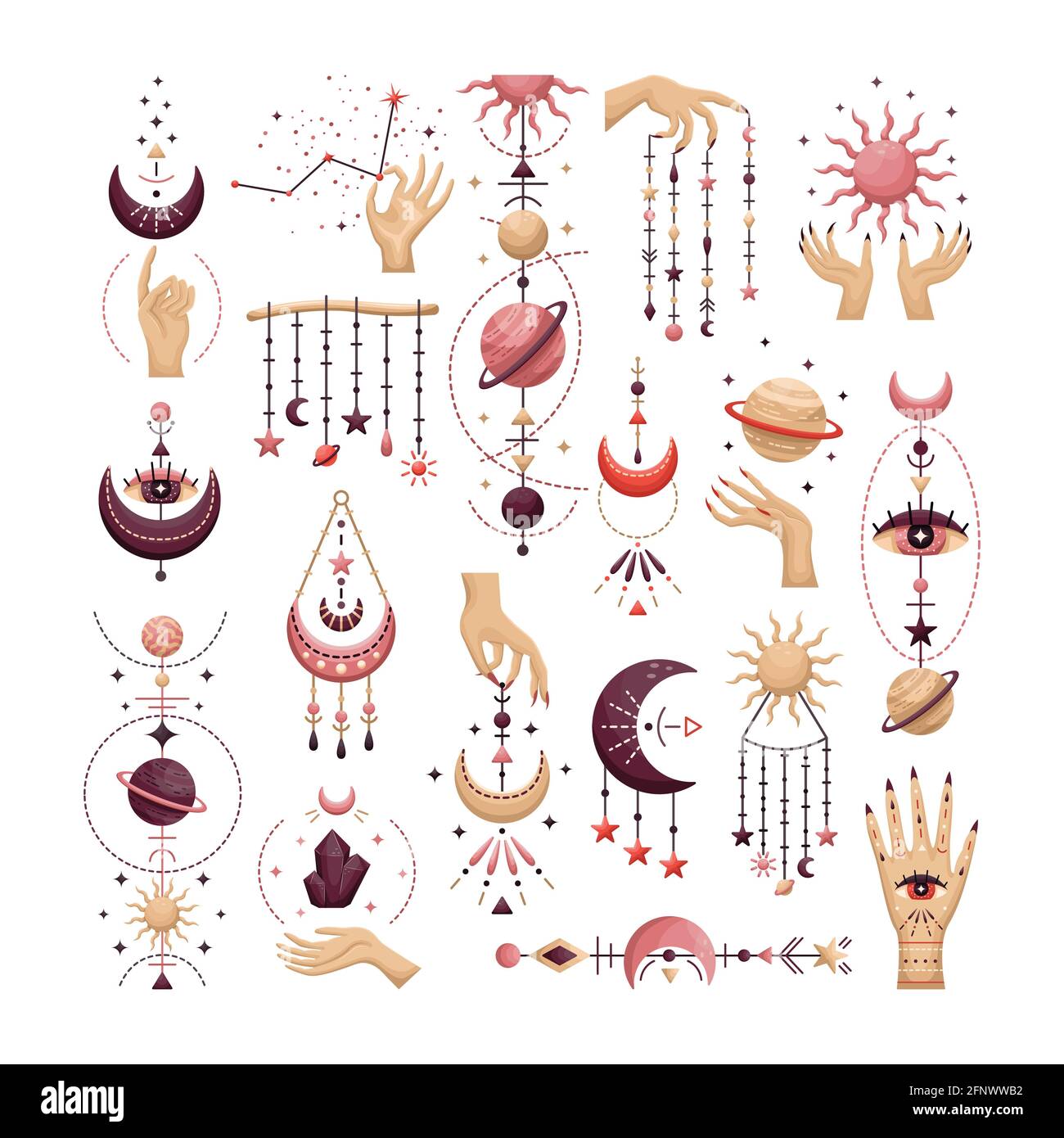 Der Satz mystischer astrologischer Vektor-Illustrationen. Magische Symbole. Tierkreis. Astronomie. Stock Vektor