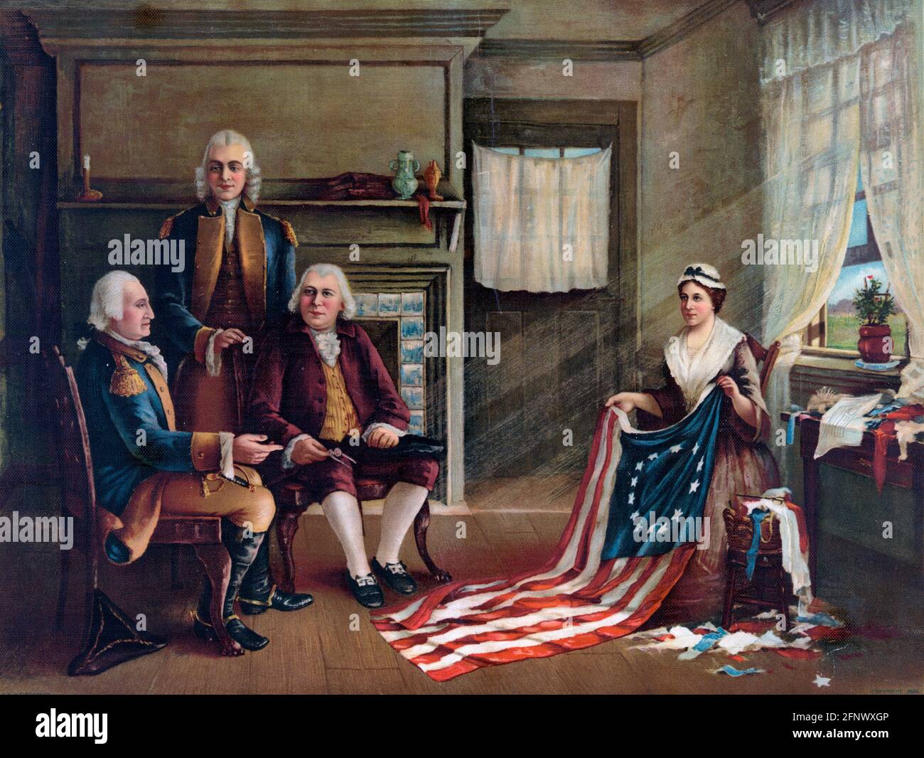 Betsy Ross Flagge. Die Geburt unserer Nationen Fahne von C. H. Weisgerber. George Washington, Major Ross und Robert Morris sehen sich an, als Betsy Ross eine Flagge näht. Stockfoto