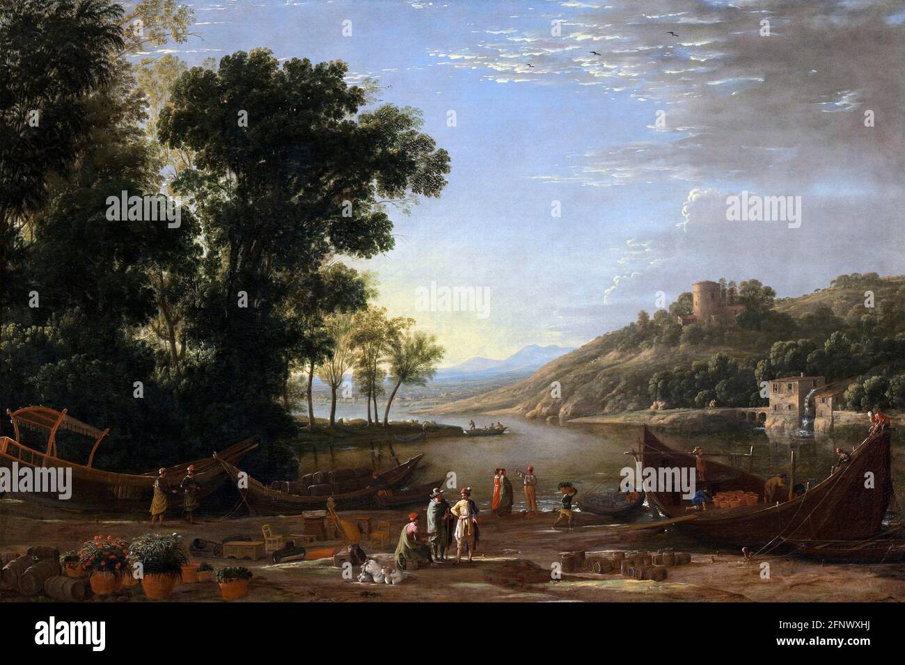Claude Lorrain. Landschaft mit Kaufleuten des französischen Barockmalers Claude Lorrain (geb. Claude Gellée, c. 1600 -1682), Öl auf Leinwand, c. 1629 Stockfoto