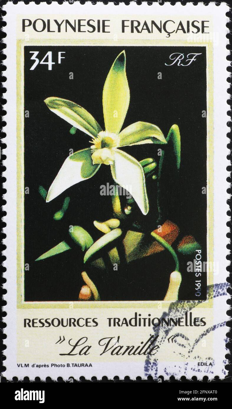 Blume von Vanille auf polynesischer Briefmarke Stockfoto
