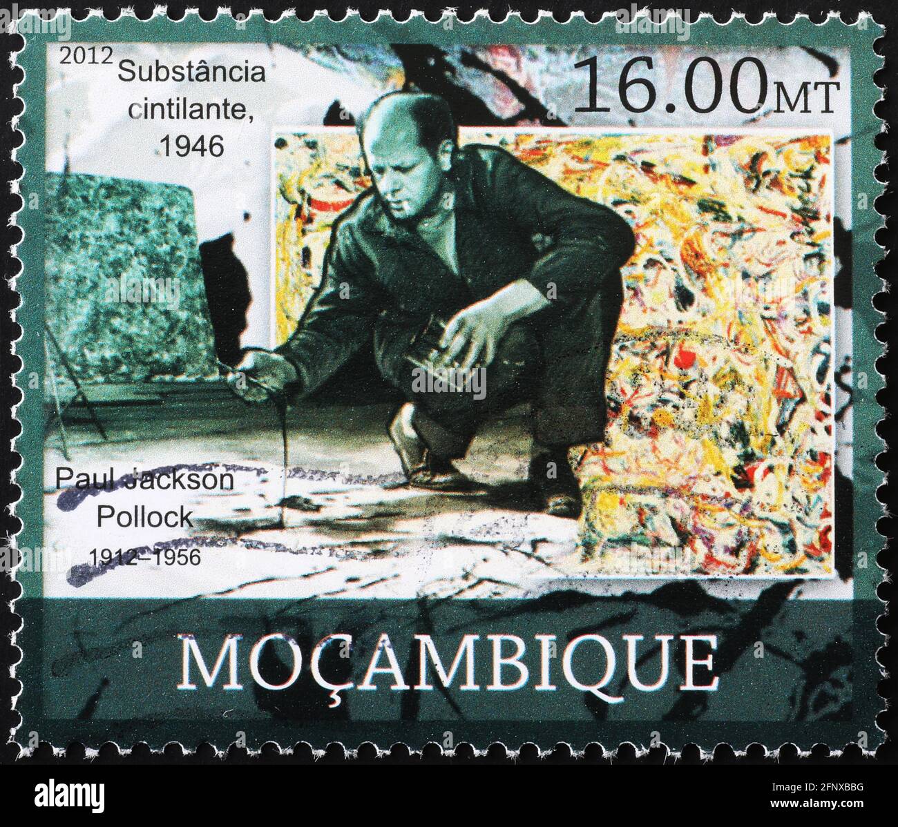 Jackson Pollock bei der Arbeit auf Briefmarke von Mosambik Stockfoto