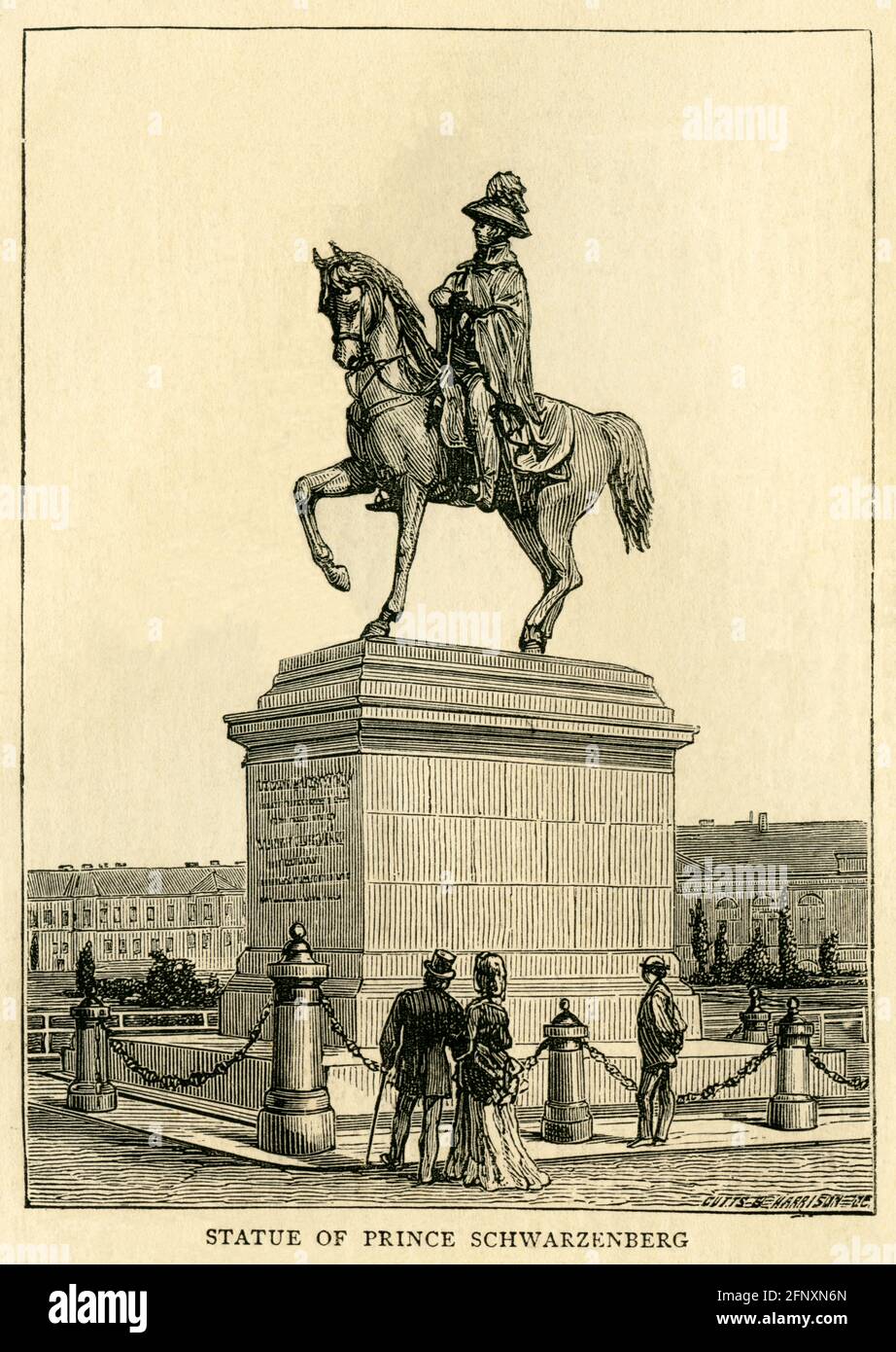 Europa, Österreich, Wien, Schwarzenbergplatz , Reiterdenkmal des österreichischen Feldmarschalls Karl Philipp Fürst zu Schwarzenberg, Illustration aus dem Wochenmagazin : ' The Graphic ' , 23. Aug. 1873, Kunstureberrechte werden nicht vertreten . / Europa, Österreich, Wien, Schwarzenbergplatz, Illustration der Statue Charles Philip Prinz Schwarzenberg, Bild aus der wöchentlich illustrierten Zeitung "The Graphic", 23. August 1873, gibt es keine Rechte. Stockfoto