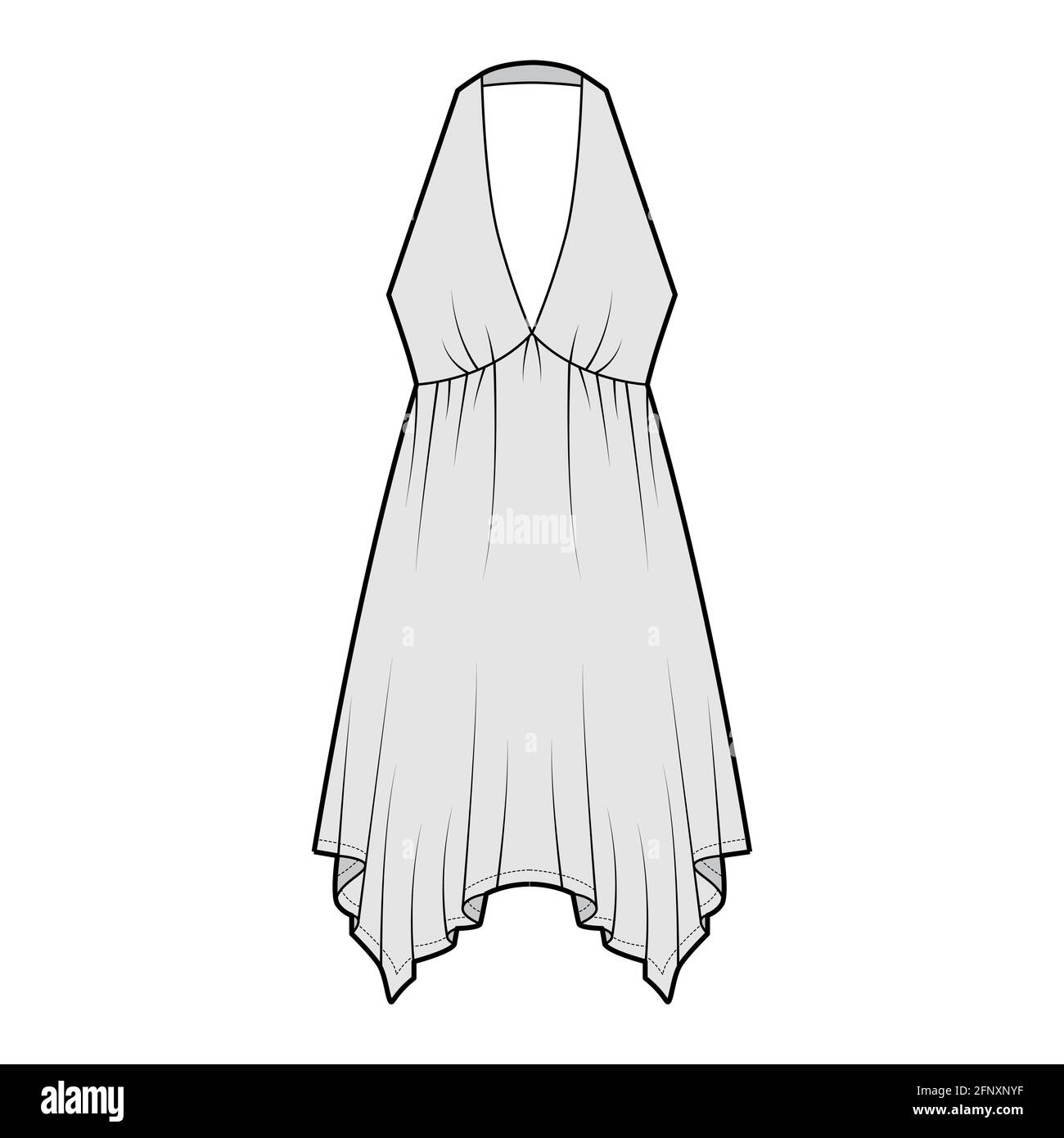 Kleid Taschentuch Saum Chemise technische Mode Illustration mit ärmellosen, Empire-Naht Nahtausschnitt, kreisförmigen Rock. Flatwear Front, grau gehalten. Frauen, Männer Unisex-CAD-Modell Stock Vektor