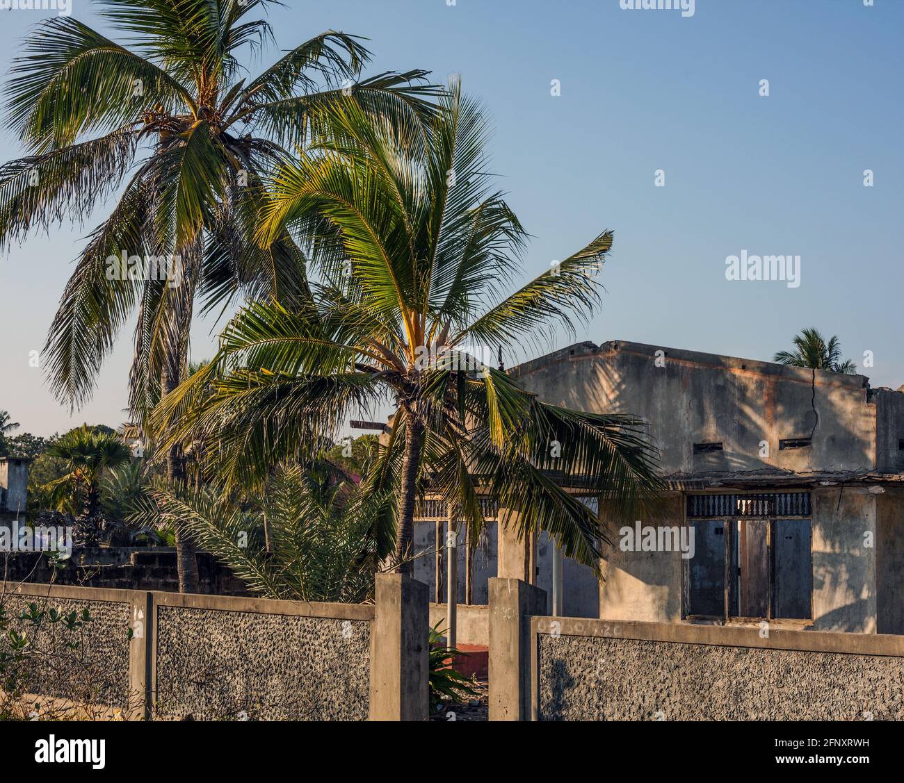 Verwahrloste Wohnung, die während des Bürgerkrieges Schaden erlitten hat, Jaffna, Nordprovinz, Sri Lanka Stockfoto