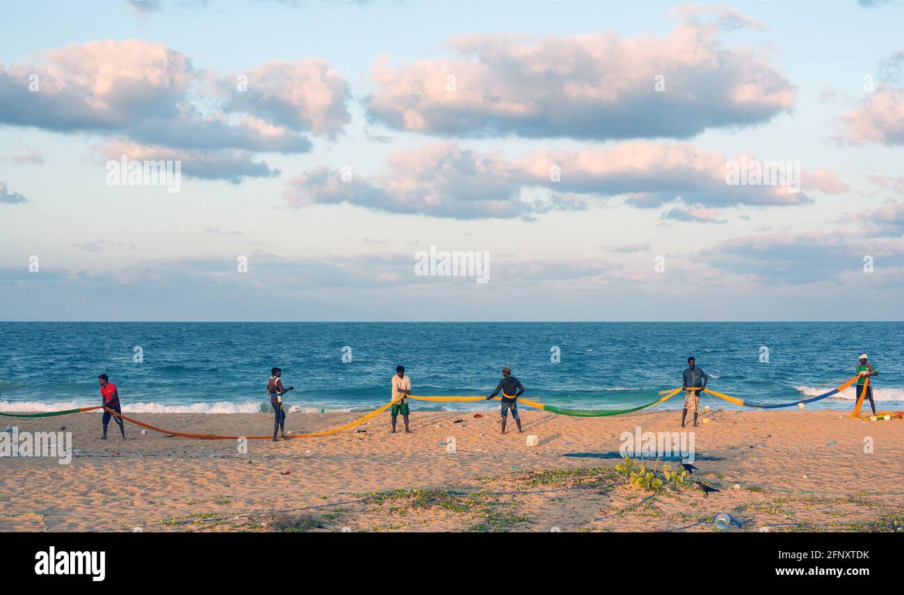 Fischer am Strand, die sich kurz vor Sonnenuntergang zu ihren Fischernetzen hingeben, Mullaitivu, Nordprovinz, Sri Lanka Stockfoto