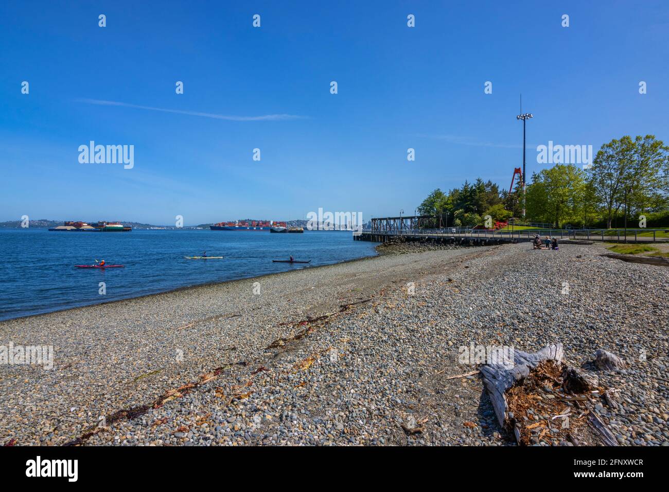 Kyakers erkunden die Elliott Bay in diesem Bild mit der virtischen Stadtlandschaft von Seattle, Washington. USA. 2021. Stockfoto