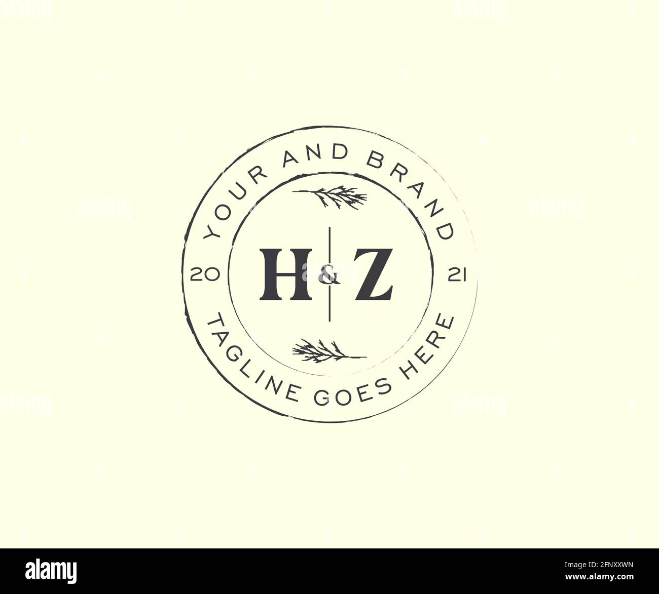 HZ Buchstaben Blumenrahmen. Botanical feminin editierbar vorgefertigte monoline einzigartige Dekoration für Grußkarte, Hochzeitseinladung. Stock Vektor