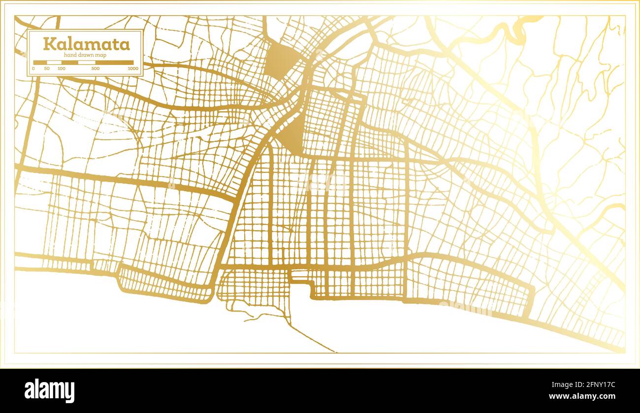 Kalamata Griechenland Stadtplan im Retro-Stil in goldener Farbe. Übersichtskarte. Vektorgrafik. Stock Vektor