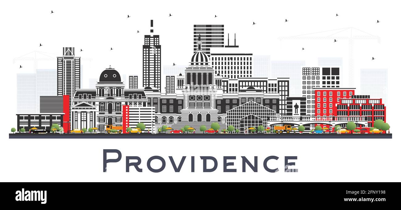 Providence Rhode Island City Skyline mit farbigen Gebäuden isoliert auf Weiß. Vektorgrafik. Providence USA Stadtbild mit Wahrzeichen. Stock Vektor