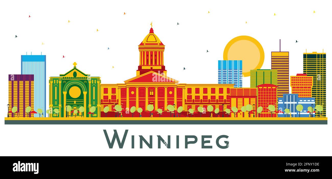 Die Skyline von der kanadischen Stadt in Winnipeg mit farbigen Gebäuden, isoliert auf Weiß. Vektorgrafik. Business Travel und Tourismus Konzept. Stock Vektor