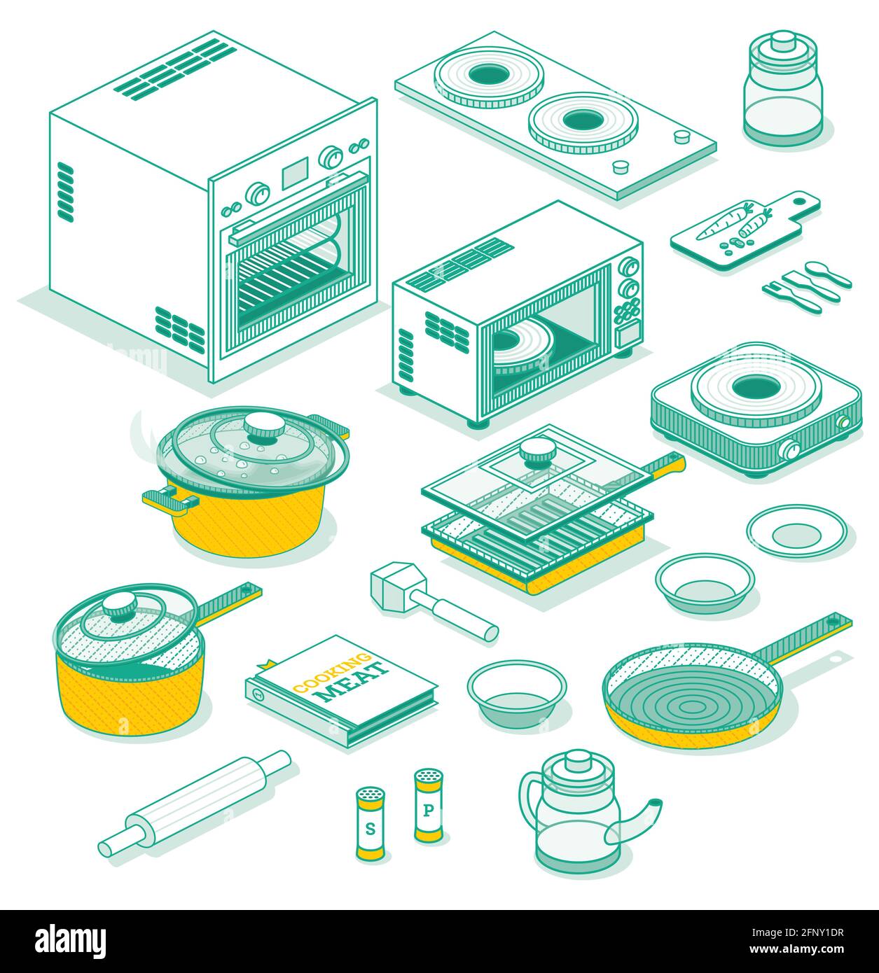 Isometrischer Satz von Küchenutensilien isoliert auf Weiß. Vektorgrafik. Gliederungssymbole. Stock Vektor