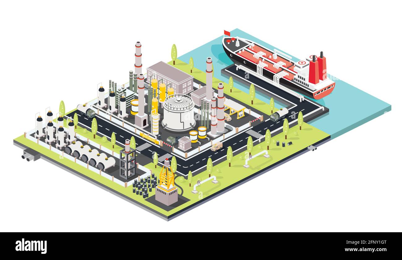 Raffineriewerk. Öltankfarm. Maritimer Hafen mit Öltanker, der an einem Silo-Terminal für Öllager vertäut ist. Ölindustrie. Isometrisches Konzept. Stock Vektor