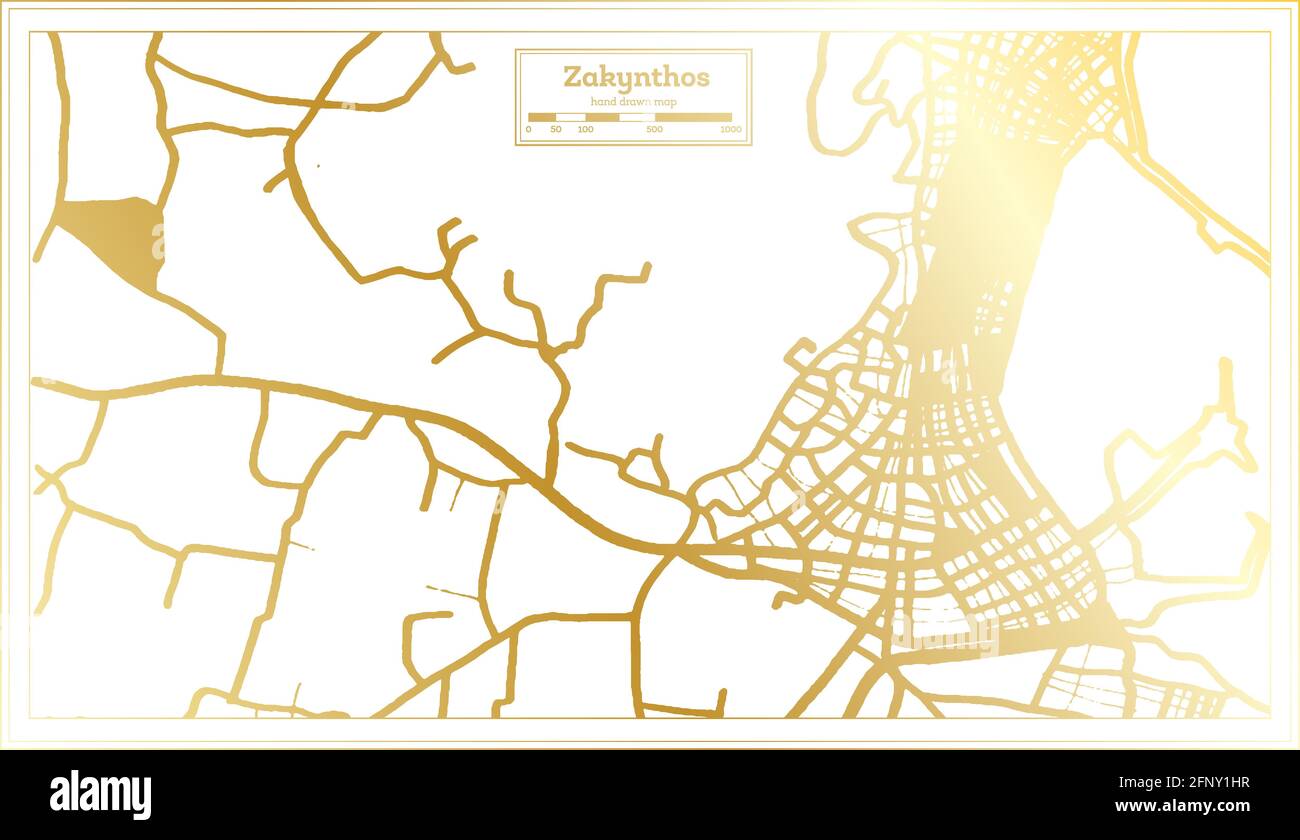 Zakynthos Griechenland Stadtplan im Retro-Stil in goldener Farbe. Übersichtskarte. Vektorgrafik. Stock Vektor