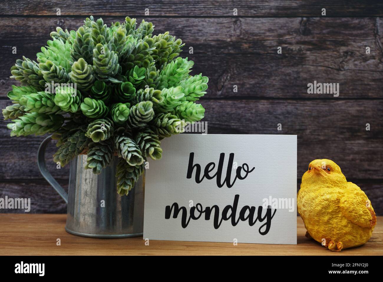 Hello Monday Card mit blühender Blume auf Holzhintergrund Stockfoto