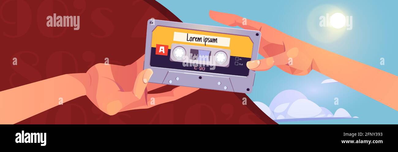 Retro-Mixtapes Cartoon-Banner mit menschlichen Händen geben Audio-Kassetten zueinander. Musiksammlung der achtziger oder neunziger Jahre. Mischen Sie Bänder, Medienspeicher, alte analoge Geräte, Vektorgrafik Stock Vektor