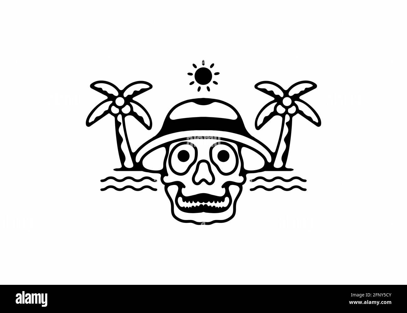 Schwarze Linie Kunst Illustration von Schädel Strand-Design Stock Vektor