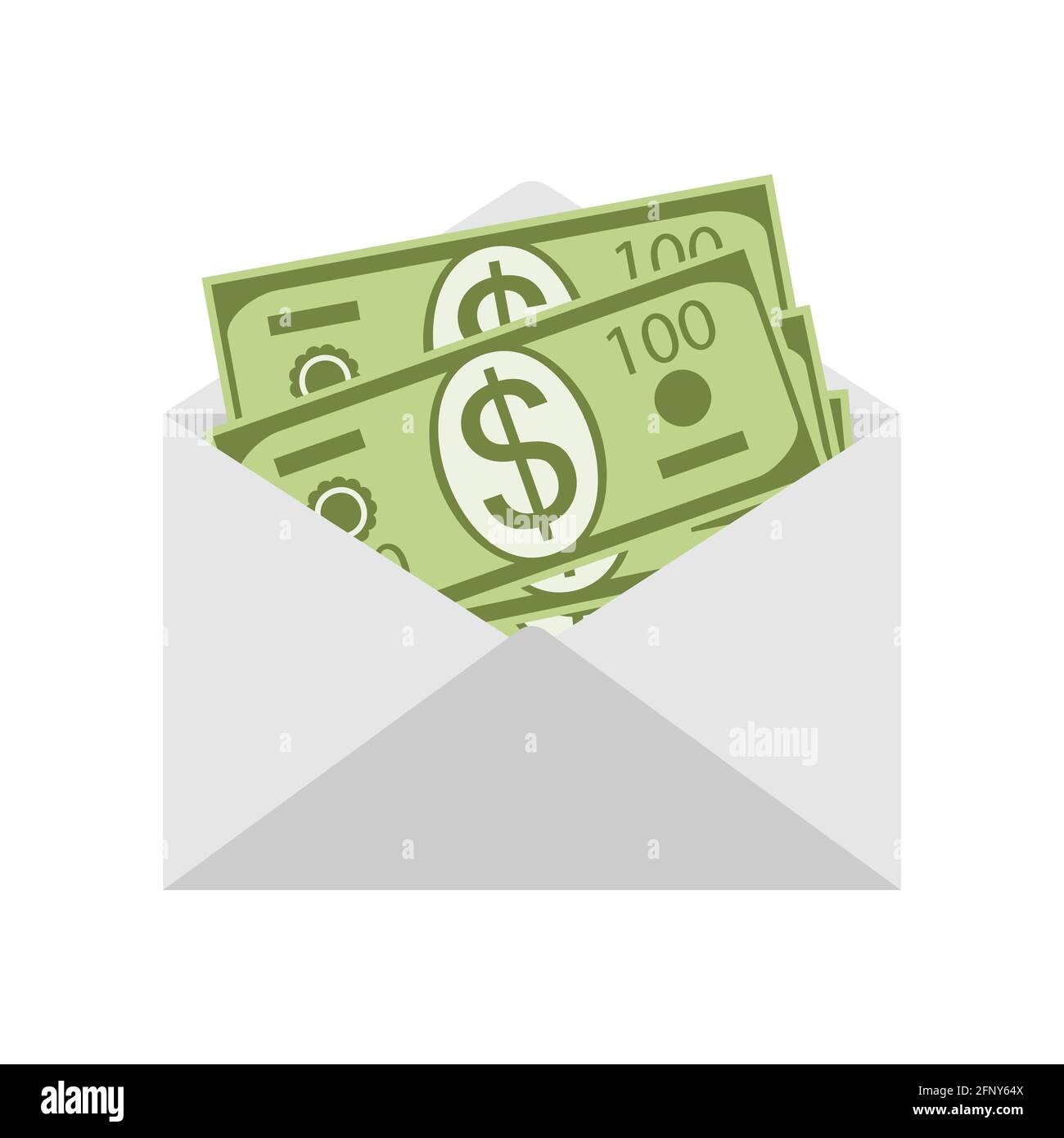 Geld in einem Umschlag isoliert auf weißem Hintergrund Nahaufnahme. Umschlag mit Dollars im Inneren öffnen. Gehalt, Geldbelohnung, finanzielles Geschenk.flaches Design. Stock Vektor