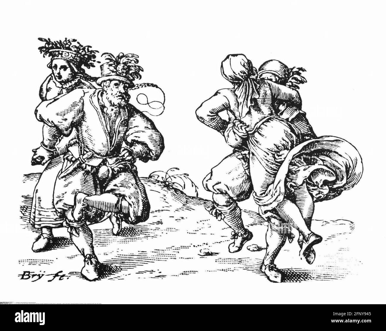 Tanz, Stalltänze, tanzende Bauern bei einer Hochzeit, Kupferstich von de Bry, Ende des 16. Jahrhunderts, ZUSÄTZLICHE RECHTE-FREIGABE-INFO-NICHT-VERFÜGBAR Stockfoto