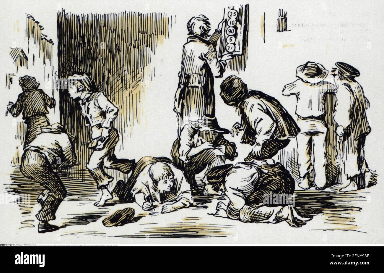 Spiel, Lotterie, Hinweis mit den gezeichneten Zahlen, Holzstich nach dem Zeichnen von Francisco Ortego Vereda, ADDITIONAL-RIGHTS-CLEARANCE-INFO-NOT-AVAILABLE Stockfoto