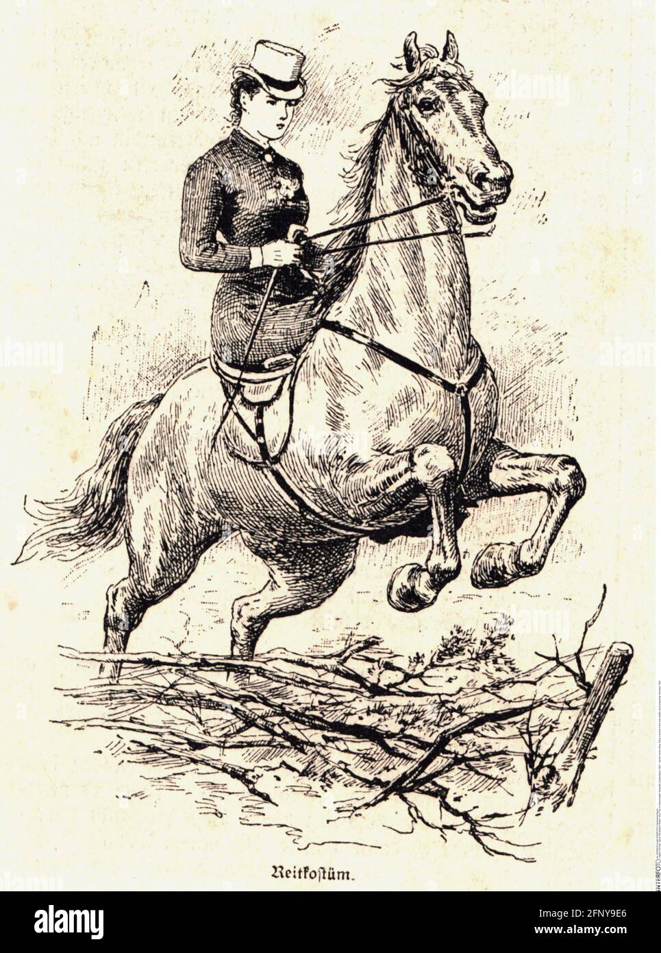 Sport, Reiten, Reiten, eine Frau im Seitensattel, Holzstich, Deutschland, 1883, ZUSÄTZLICHE-RIGHTS-CLEARANCE-INFO-NOT-AVAILABLE Stockfoto