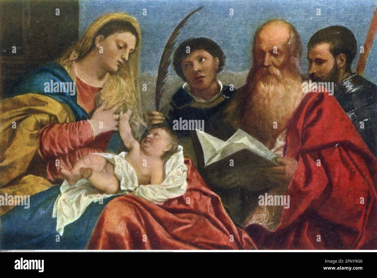 Bildende Kunst, Tizian (um 1488 / 1490 - 1576), Malerei, Maria mit dem Kind und die Heiligen Hieronymus, ARTIST'S URHEBERRECHT MUSS NICHT FREIGEGEBEN WERDEN Stockfoto