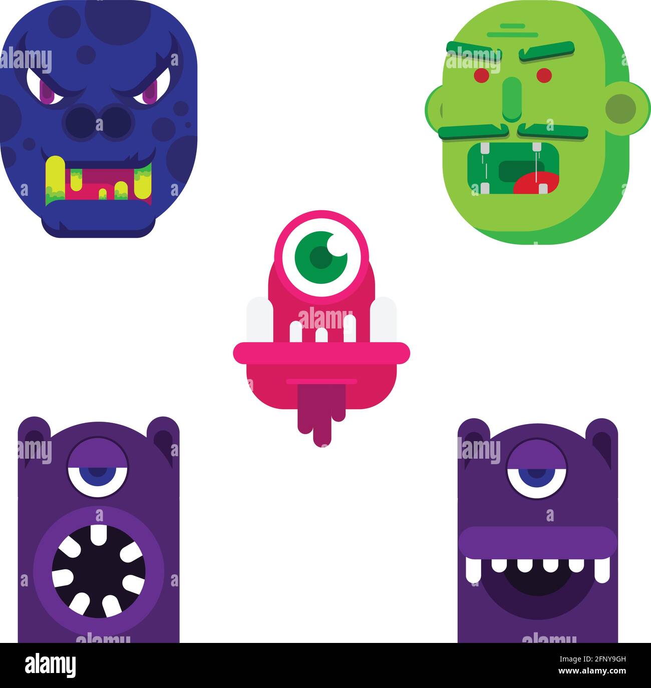 Flaches Design Cartoon Monster Gesichter. vektor-Illustration Satz von Kreatur Gesichter. Stock Vektor
