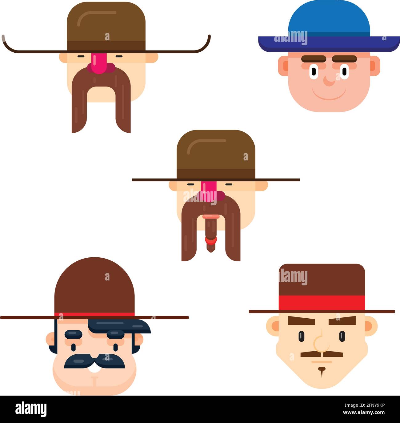 Set aus fünf Mann Gesichter tragen einen langen Hut mit verschiedenen Schnurrbart-Stile. Isolierte Vektorgrafik in flacher Bauweise. Stock Vektor
